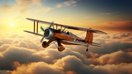 A vintage biplane soars above fluffy clouds against a breathtaking sunset, embodying freedom and nostalgia.
