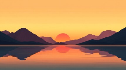 A vibrant sunset casts a warm glow over a calm lake, with mountains silhouetted against the sky.