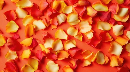 A scattering of rose petals in shades of red, orange, and yellow on a coral background.