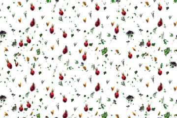 Pattern. Herbal tea, dry plants and flowers, oregano and mint vitamin drink in a linen bag, isolate, place for text, copy space.