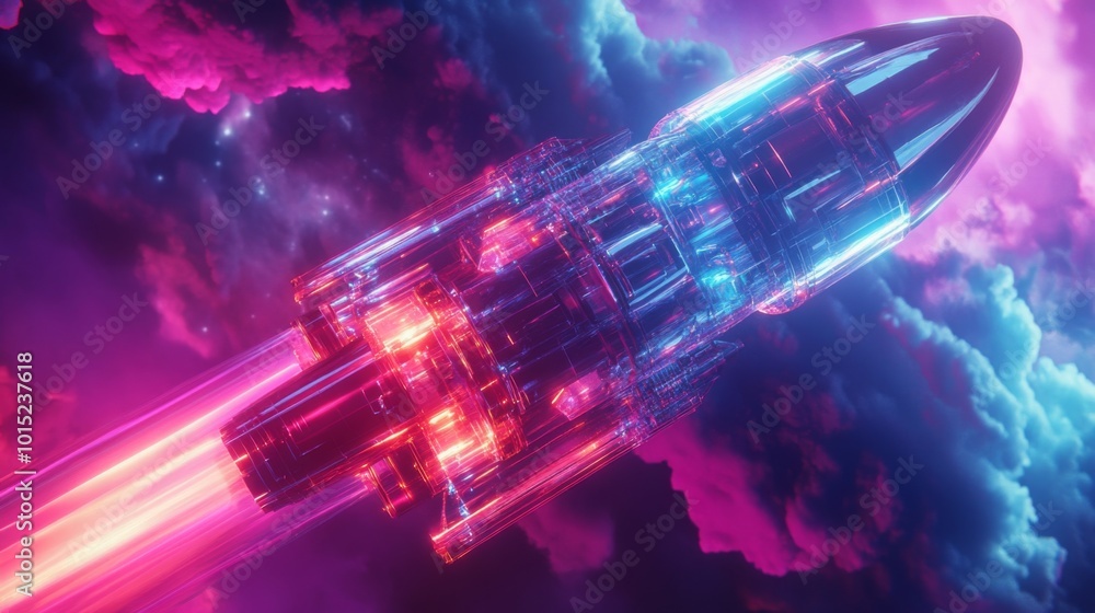 Poster A transparent spaceship with red and blue lights flies through the clouds. The spaceship has a sleek, metallic design. The clouds are pink and purple, creating a colorful and otherworldly atmosphere.