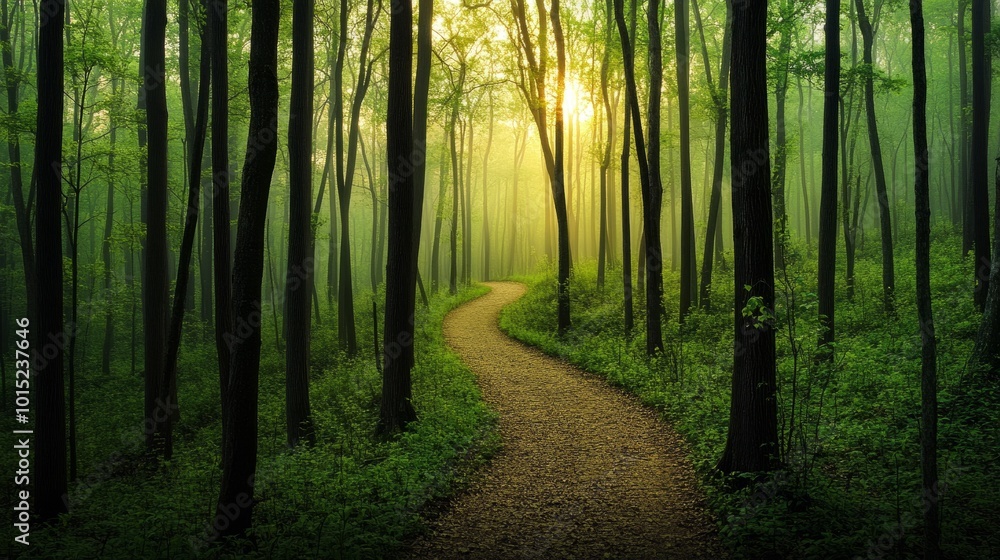 Poster a winding path through a misty forest, with sunlight filtering through the trees.