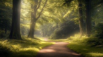 Obraz premium A winding path through a misty forest, bathed in sunlight.