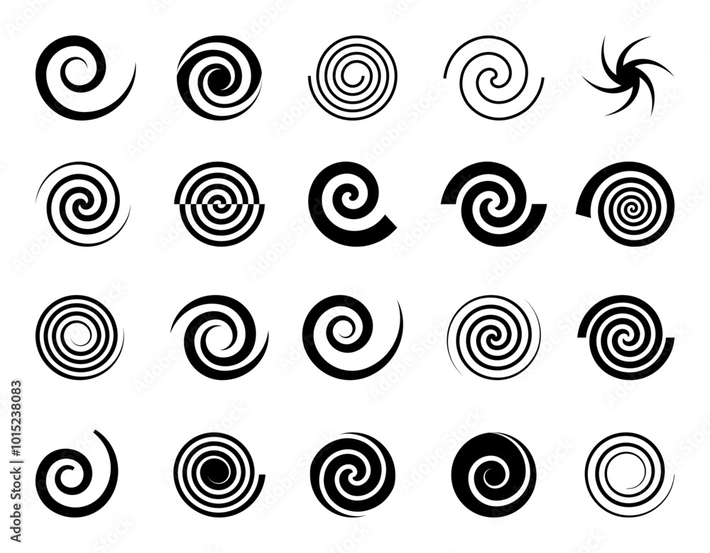 Poster Spiral icons. Circle twirl, hypnosis swirl shape with graphic stroke. Simple round whirl elements. Minimal modern shape abstract funnel dynamic silhouettes. Curve line in rotation vector design