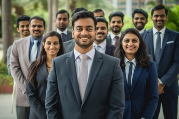 Fototapeta premium Group of Asian business professionals standing together in a park. Corporate employees in suits and casual wear pose for a photo. Serious expressions. Lush greenery and buildings in background.