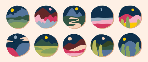 Abstract mountains. Hill icons, nature adventure background with horizon silhouette, travel view. Round circle icons. Doodle style minimal drawing. Abstract landscape. Vector flat shapes set