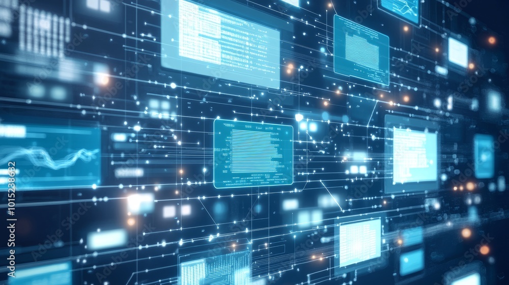 Aufkleber abstract digital network with glowing lines and data screens.