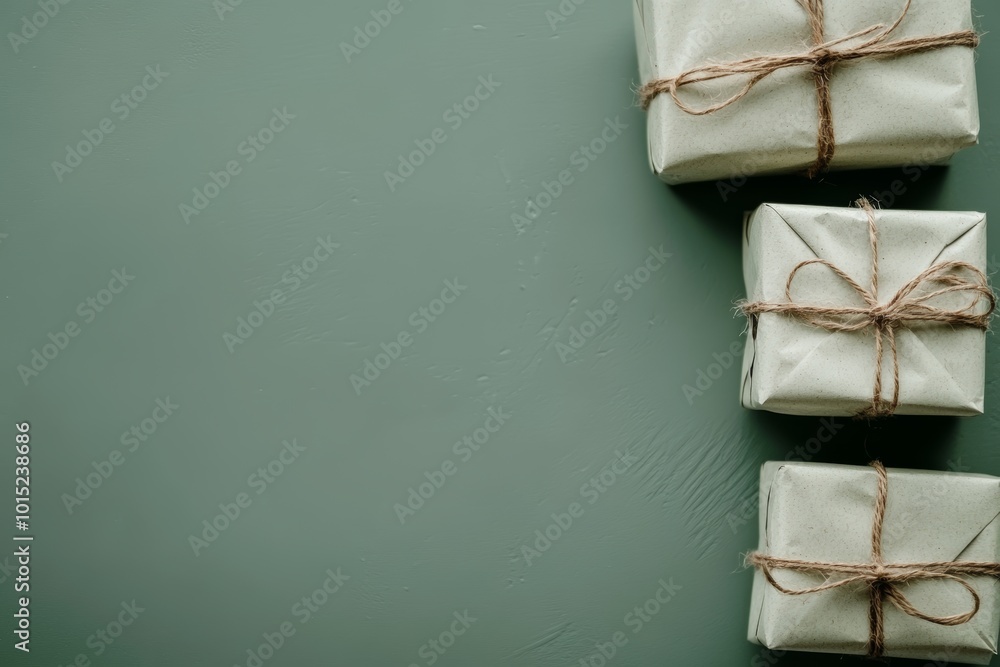 Sticker Three neatly wrapped presents with twine bows sit on a green surface, perfect for special occasions and celebrations