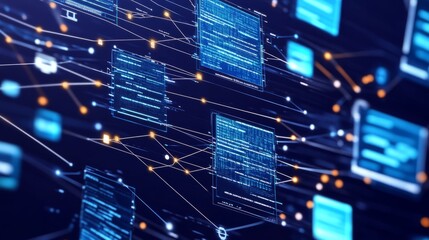 Abstract digital network with glowing lines and nodes.