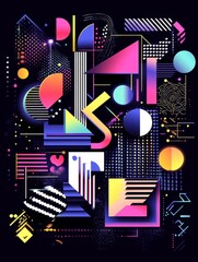 Abstract geometric design with vibrant colors and neon glow on dark background.