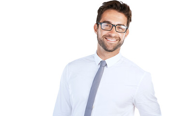Studio, career and businessman in portrait for ambition, corporate project and pride with smile. Positive, salesperson and happy with confidence by mockup space, professional and white background
