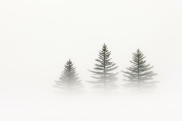 Obraz premium Three evergreen trees rise above the fog in a peaceful morning setting, enhancing the tranquility of the landscape