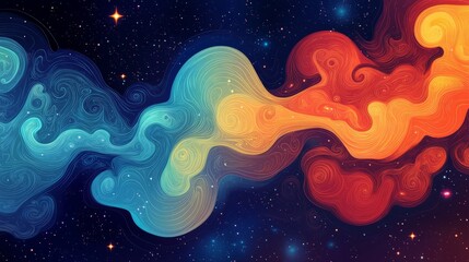 Fototapeta premium Abstract swirling cosmic design with blue and orange hues against a dark starry background.