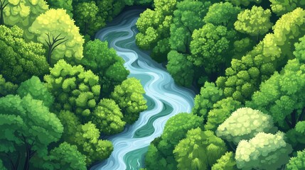 Naklejka premium Aerial view of a winding river flowing through a lush green forest.