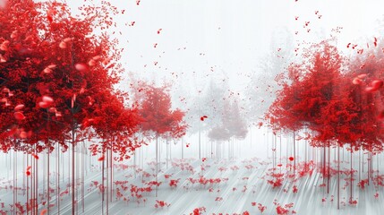 A misty landscape with red trees, creating a dreamlike and ethereal atmosphere.