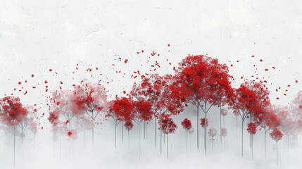 A forest of red trees with a soft, pinkish hue, creating a warm and serene setting.