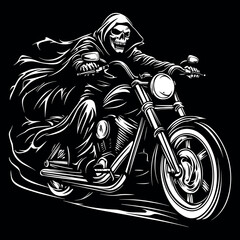 Grim Reaper on a Motorcycle - Bold Black and White Vector Illustration of a Skeleton Rider in a Hooded Cloak, Perfect for Tattoos, Biker Art, Apparel Designs, or Dark-Themed Digital Downloads.