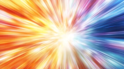 Fototapeta premium Abstract background with bright yellow, orange, blue and purple streaks emanating outwards from a bright white center.