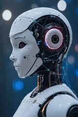 Fototapeta premium Close-up, Portrait of a Futuristic Female Android with Glowing Eyes and Intricate Cybernetics.