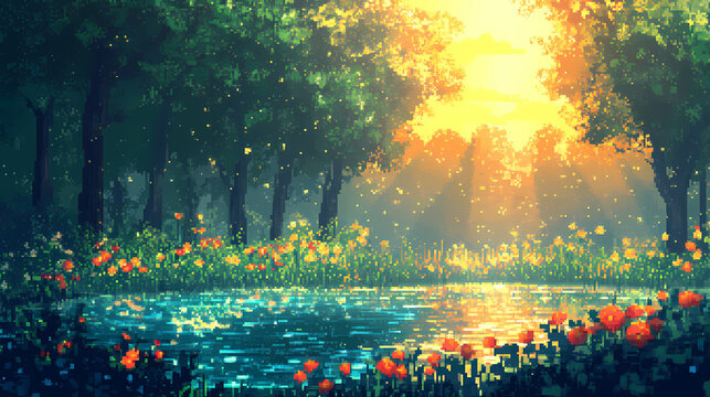 A beautiful pixel art forest scene. the trees are tall and green, the flowers are colorful, and the sun is shining brightly. Water Sprite. Illustration