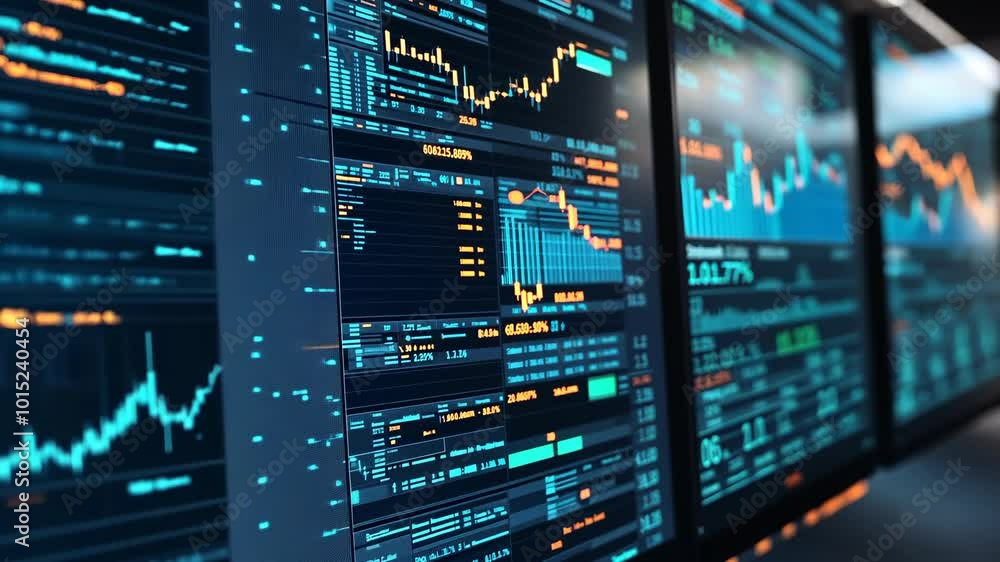 Poster stock market data is displayed on multiple computer monitors