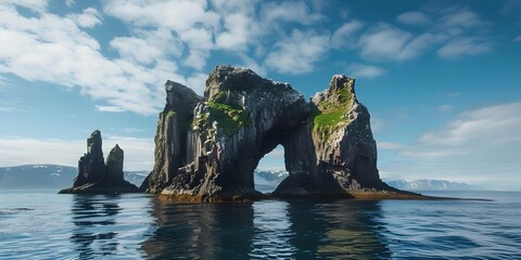 Bay of Islands, New Zealand - circa 2017: Sailing through 'Hole in the Rock' or 'Motu Kokako' with trail wake visible through the hole. Background with clear blue sky and light coulds.
