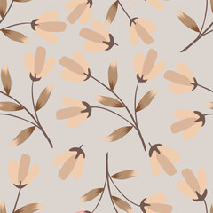 Seamless floral pattern, elegant ditsy print, abstract ornament with green blooming field in retro motif. Pretty botanical design: small hand drawn wild flowers, grass, leaves. Vector illustration