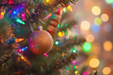 Obraz premium Gold glitter Christmas ball on fir tree, garland lights and colorful New Year background. Greeting card with copy space