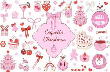Pink girly coquette christmas set. Merry christmas and happy new year Lovely cute collection, christmas tree decorations with bows, pink ribbon. Vector illustration