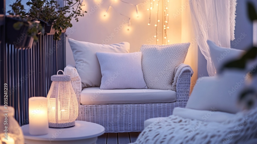 Poster an outdoor space with a wicker sofa, plush pillows, soft lighting, and decorative lanterns creates a