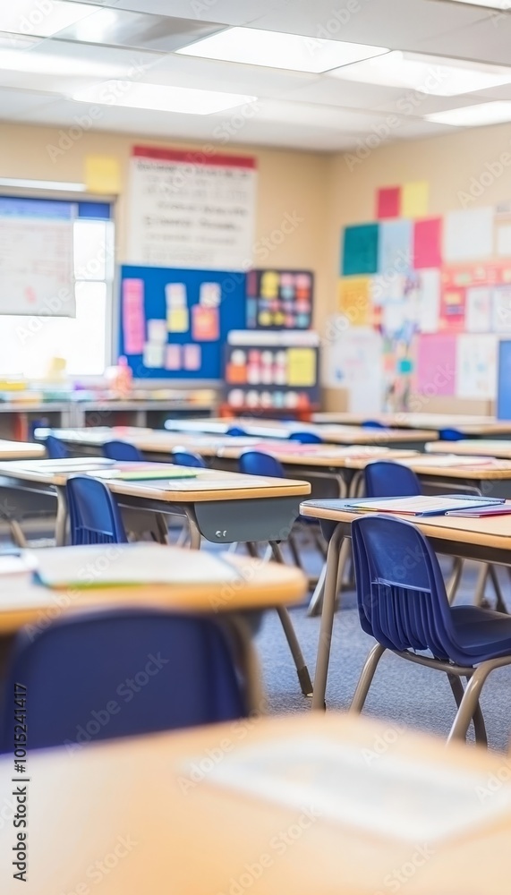 Poster empty classroom with desks in rows, ready for students to return, back to school concept