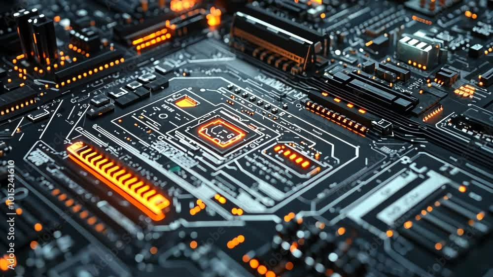 Poster a close-up of a computer motherboard with orange lights illuminating the intricate circuits and comp