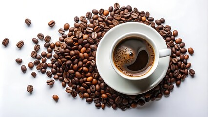 Top View of a Cup of Coffee on Beans Isolated on White Background for Promotion