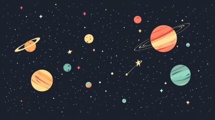 Illustration of planets and stars in space.