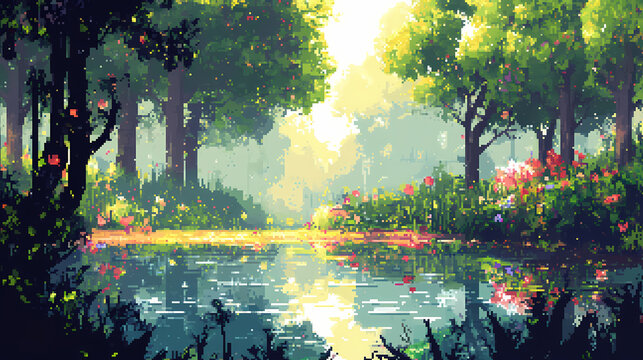 A beautiful pixel art forest scene. the trees are tall and green, the flowers are colorful, and the sun is shining brightly. Water Sprite. Illustration