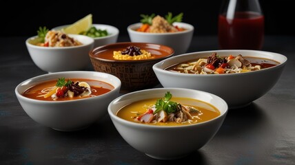 Six bowls of various colorful soups with garnishes.
