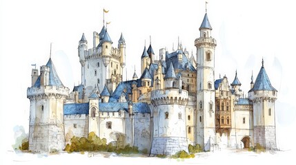 Fototapeta premium Watercolor Illustration of a Majestic Medieval Castle with Towers and Stone Walls