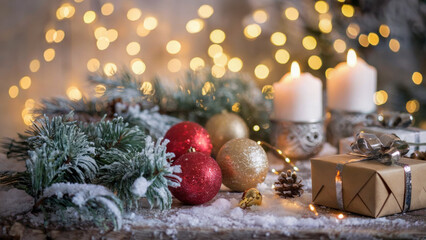 Rustic candles with pine branches red decorations on winter table