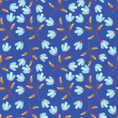blue seamless vector stock flowers with leaves pattern on cream background