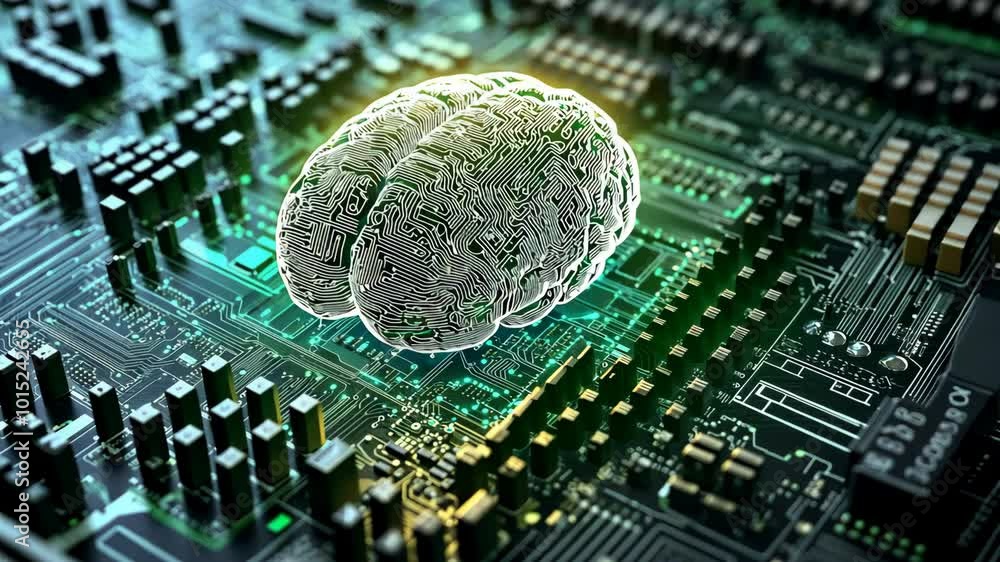 Poster a digital representation of a human brain rests on a computer circuit board, symbolizing the growing