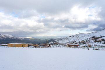  Winter and cold Algeria in North Africa, Winter snow mountain cabin panorama. Winter mountain snow...