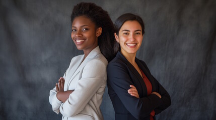 Two professional women, an African American and a Latina, standing back-to-back with crossed arms, symbolizing confidence and diversity in business, concept of empowerment and equality