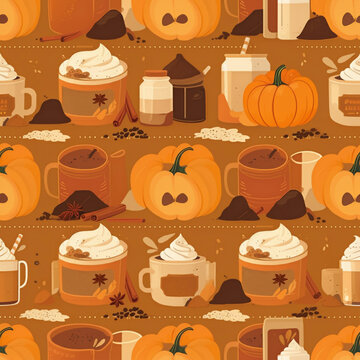 pumpkin spice latte seamless pattern coffee bariste ingredients background repeatable texture