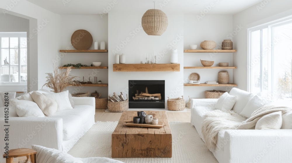 Aufkleber this inviting living room features plush white sofas arranged around a wooden coffee table. the spac