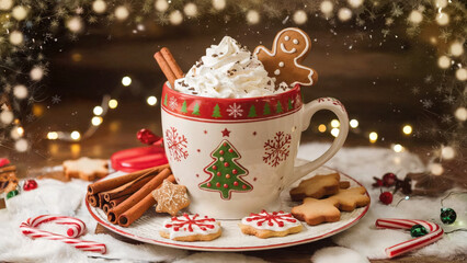 Fototapeta premium Festive coffee mug with whipped cream candy cane holiday decorations
