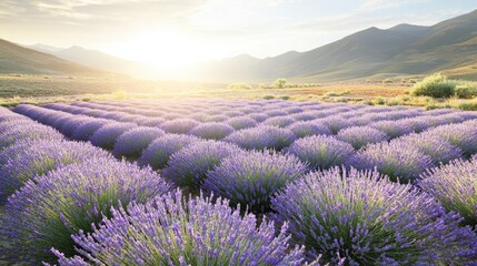 Obraz premium Purple lavender field at sunrise with mountains in the background.
