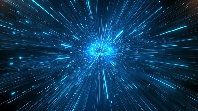 A blue abstract light pattern appears to be traveling through space, creating a sense of speed and movement