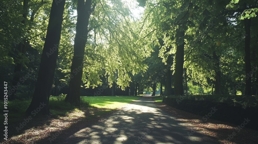Poster sun beams through the trees in a lush forest park with a path leading into the distance.