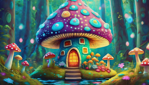 oim painting style cartoon character illustration multicolored Miniature fairy house in amanita muscaria mushroom