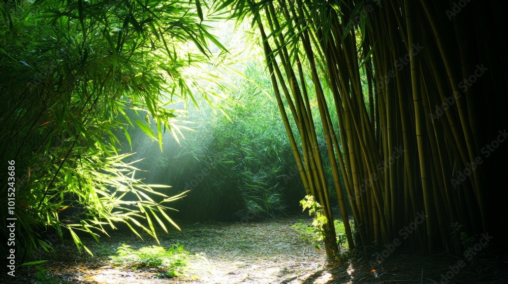 Poster Sunbeams breaking through a dense bamboo forest, creating a path of light.